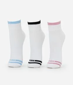 Kit 03 Meias Cano Baixo Esportivas em Algodão com Listra e Ponteira Colorida Puma