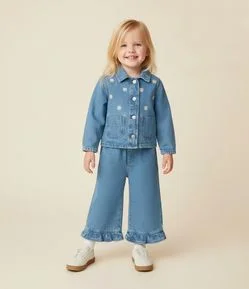 Calça Infantil Wide em Jeans com Babados na Barra - Tam 1 a 5 Anos