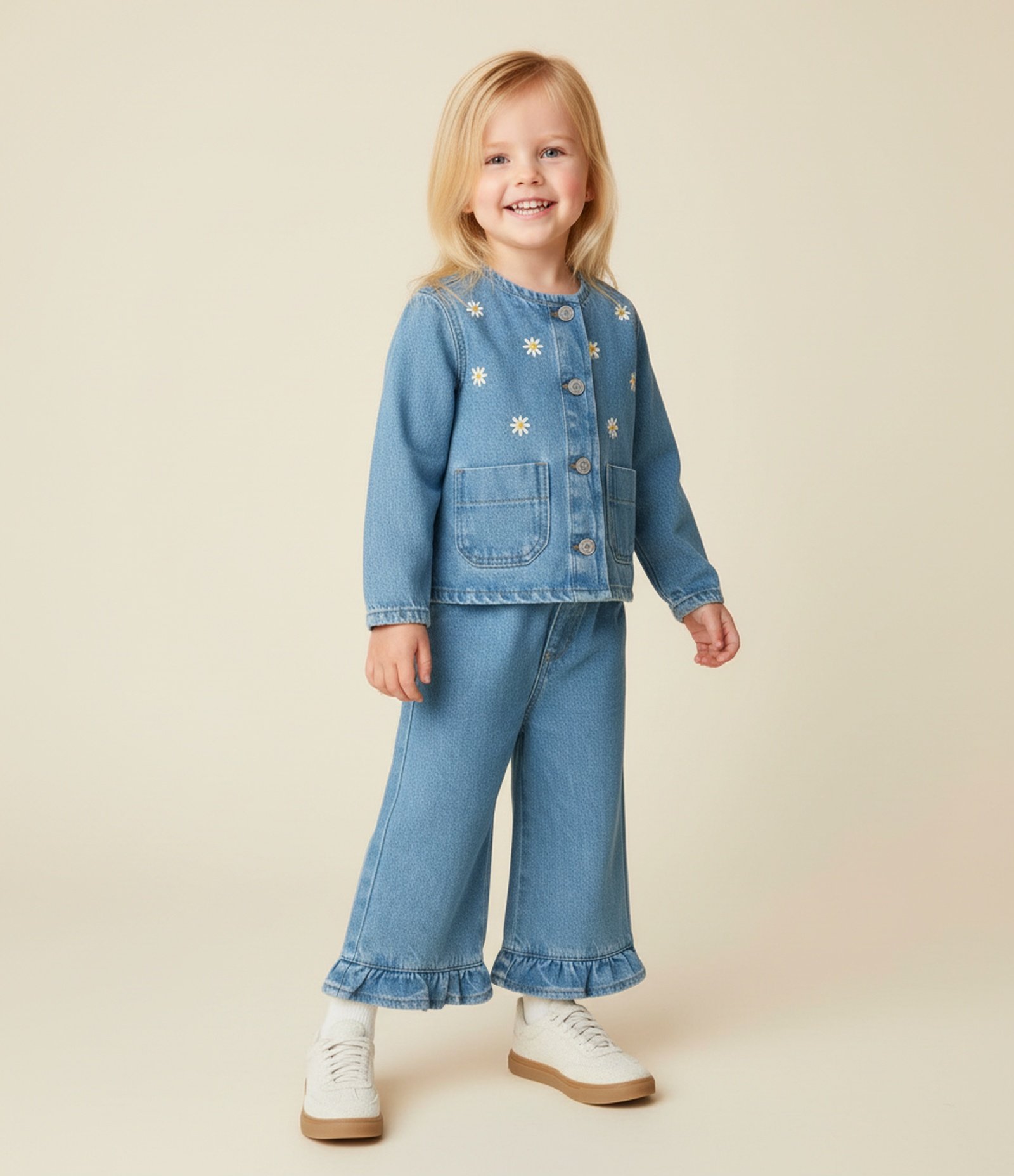 Jaqueta Infantil em Jeans com Bordado de Flores - Tam 1 a 6 Anos Azul 1