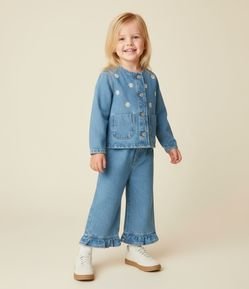 Jaqueta Infantil em Jeans com Bordado de Flores - Tam 1 a 6 Anos