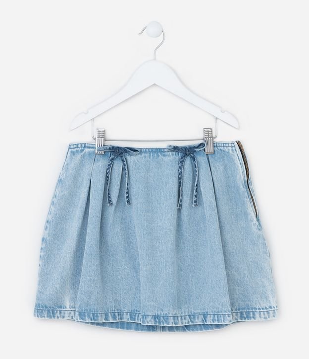 Saia Infantil em Jeans com Pregas e Aplicações de Lacinhos - Tam 7 a 14 Anos