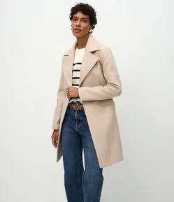 Casaco Alongado em Polivelour com Cinto de Tecido