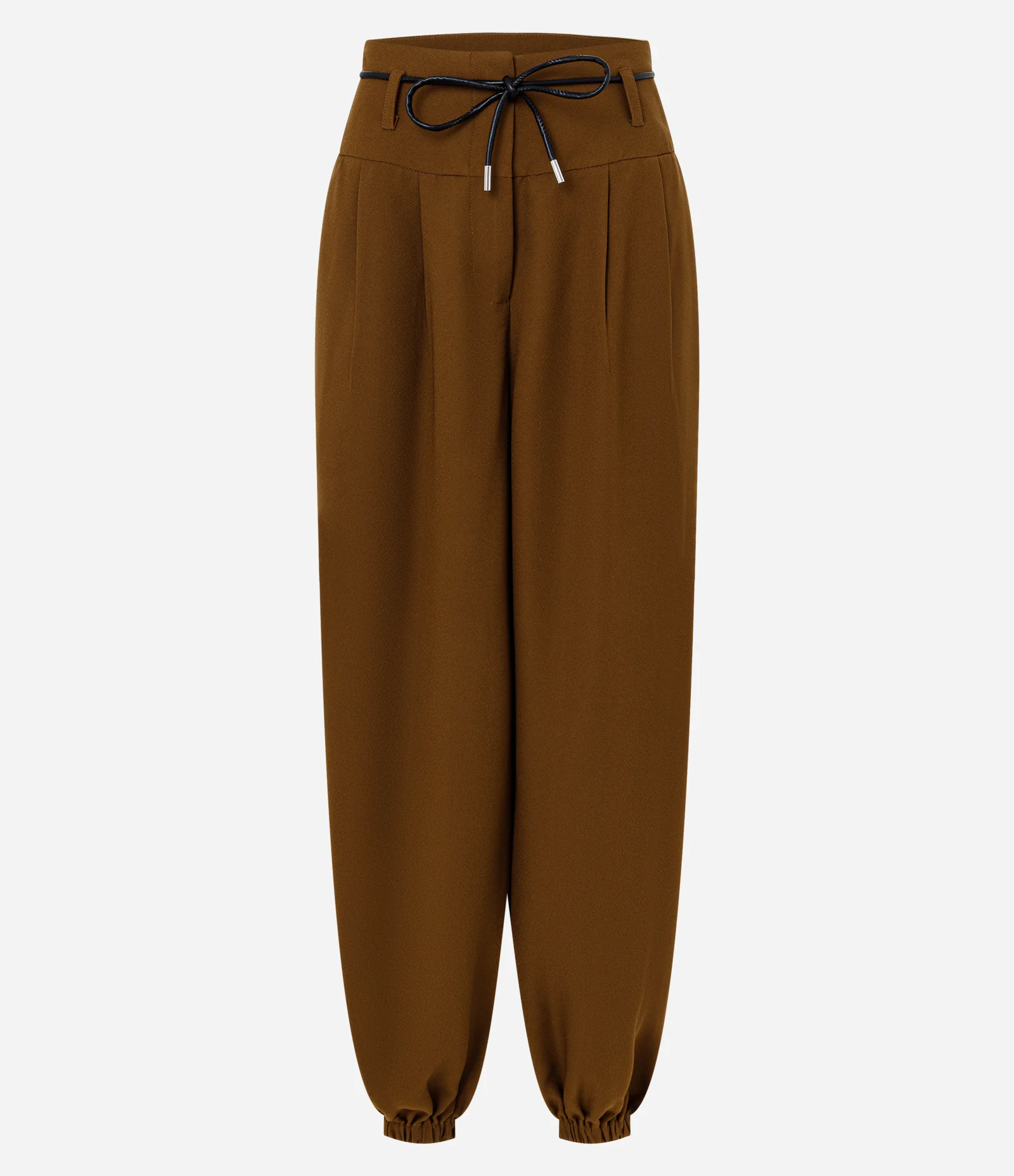 Calça Aladdin em Crepe Alfaiatado com Cinto Fino Marrom 1