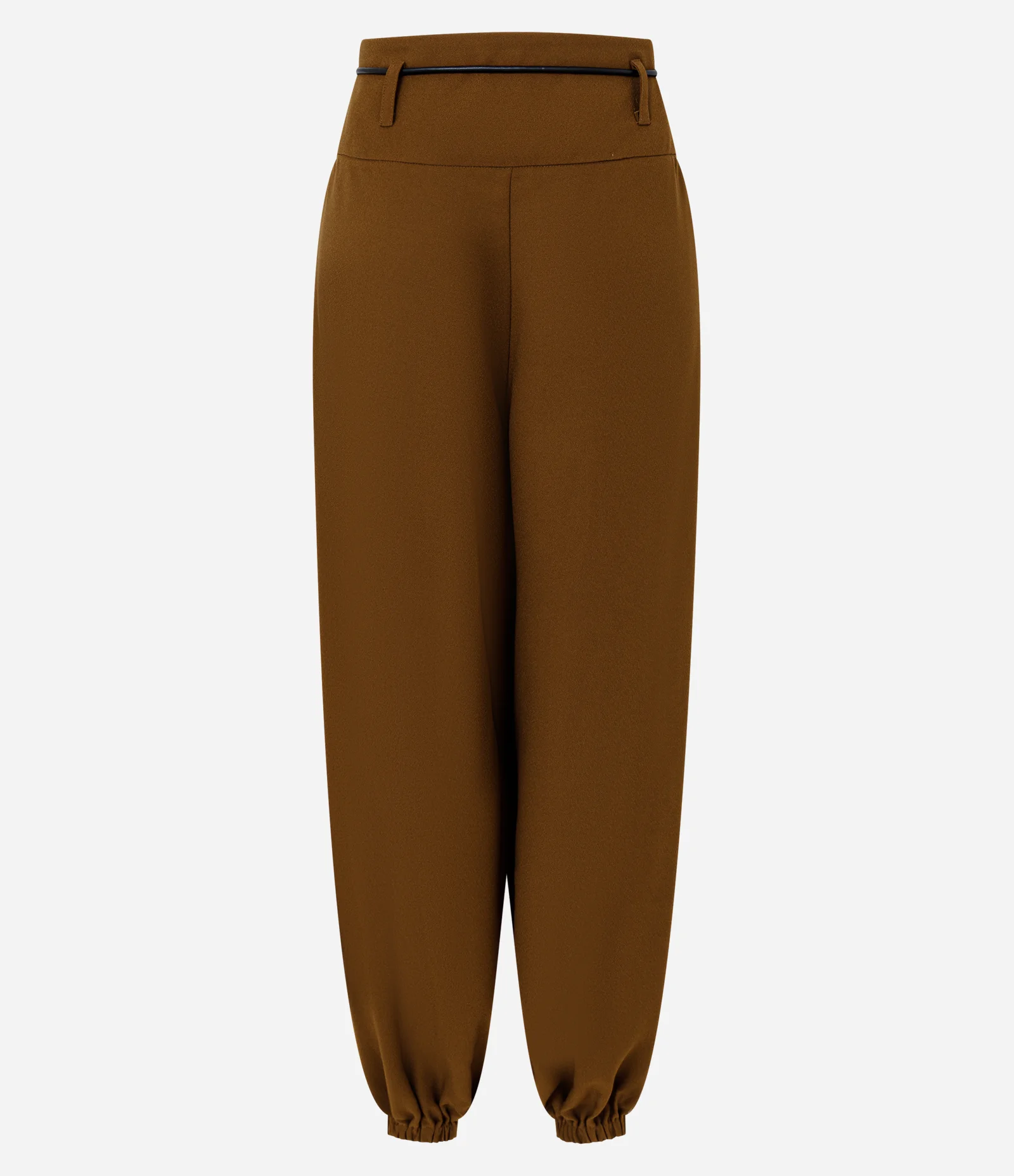 Calça Aladdin em Crepe Alfaiatado com Cinto Fino Marrom 2