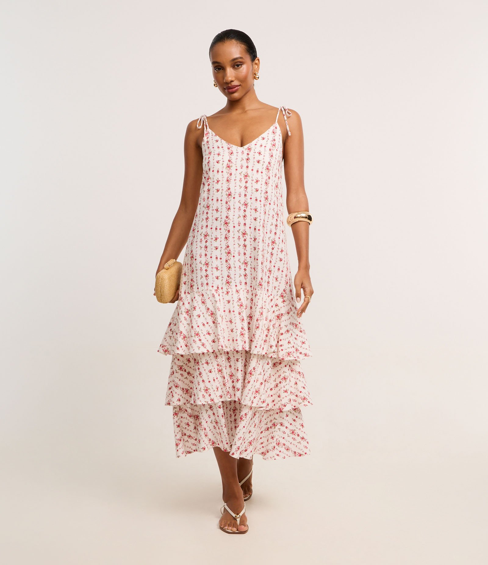 Vestido Evasê Midi em Viscolinho com Estampa Floral Liberty Branco 1