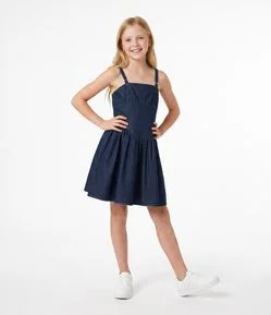 Vestido Infantil em Jeans com Cintura em V - Tam 7 a 14 Anos