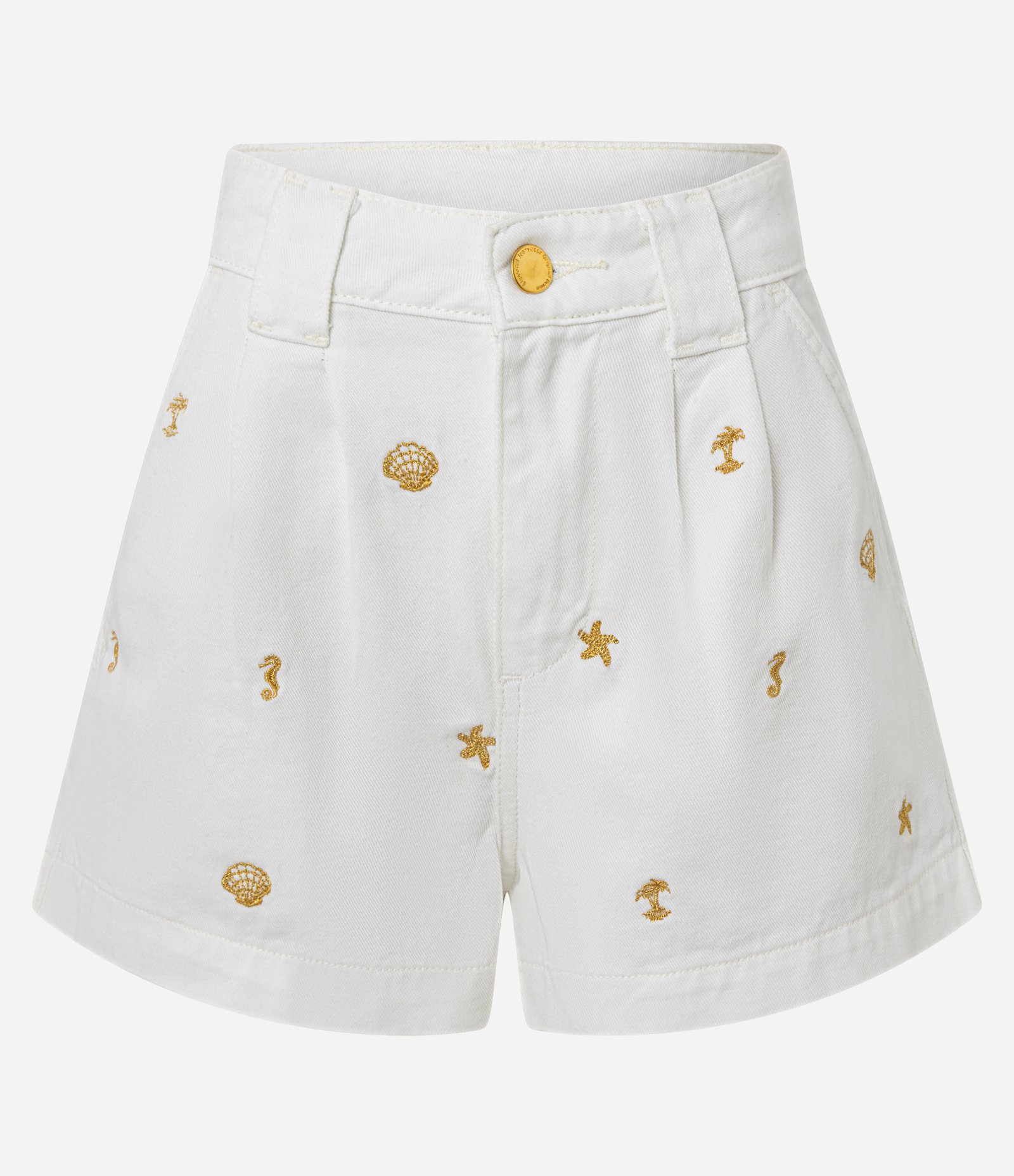 Short em Sarja com Pregas e Bordados de Praia Off White 5
