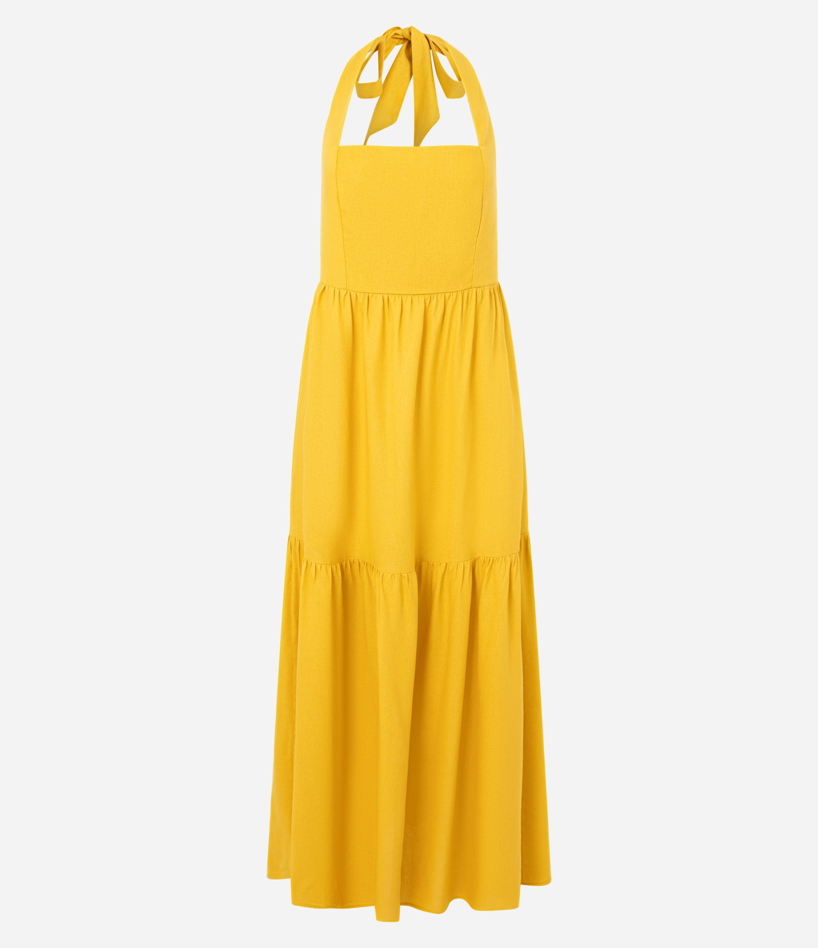 Vestido Midi Frente Único em Viscolinho com Recortes Mostarda 1