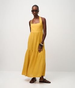 Vestido Midi Frente Único em Viscolinho com Recortes