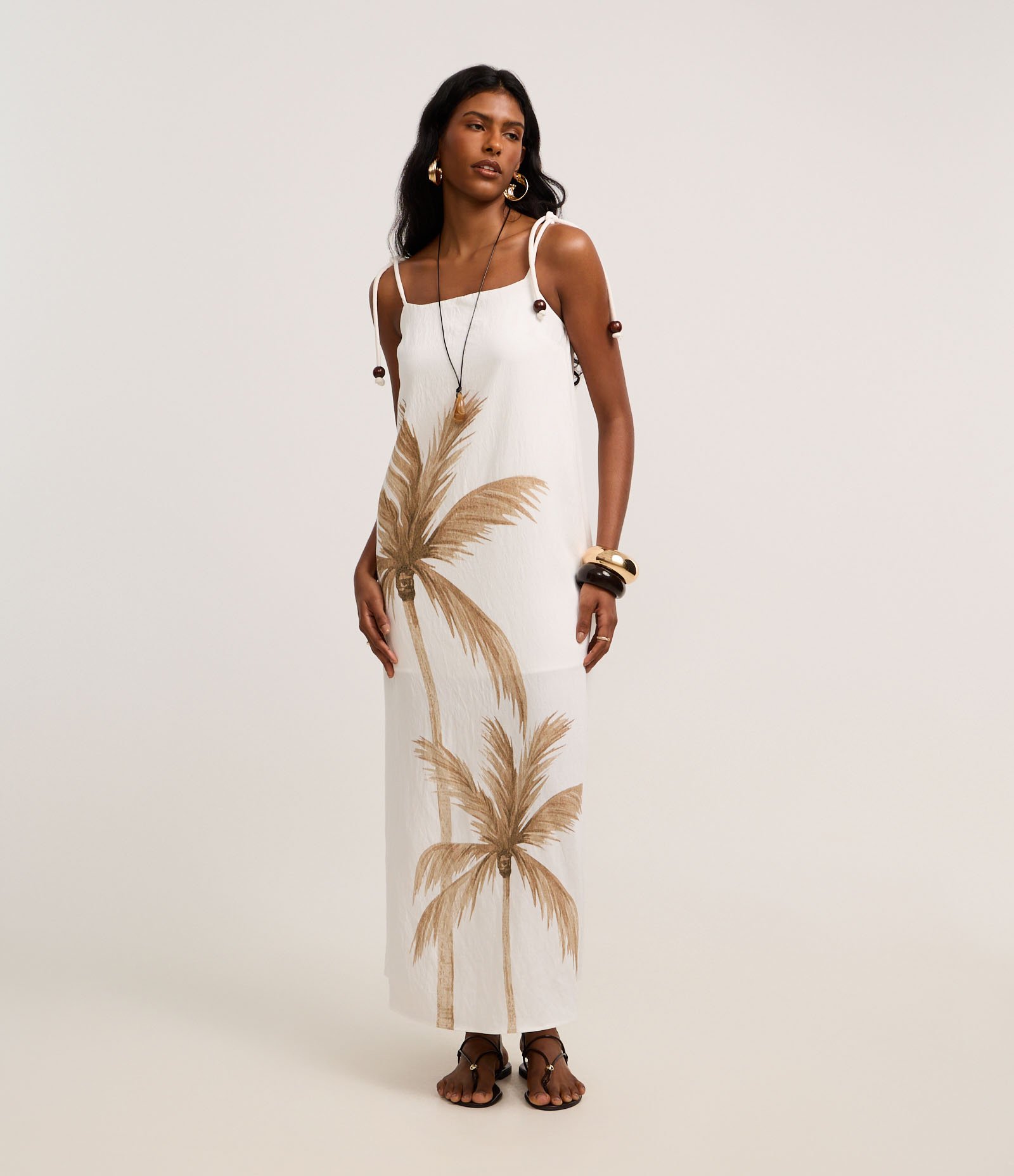 Vestido Midi em Crepe com Alça Corda e Estampa Coqueiro Off White 1