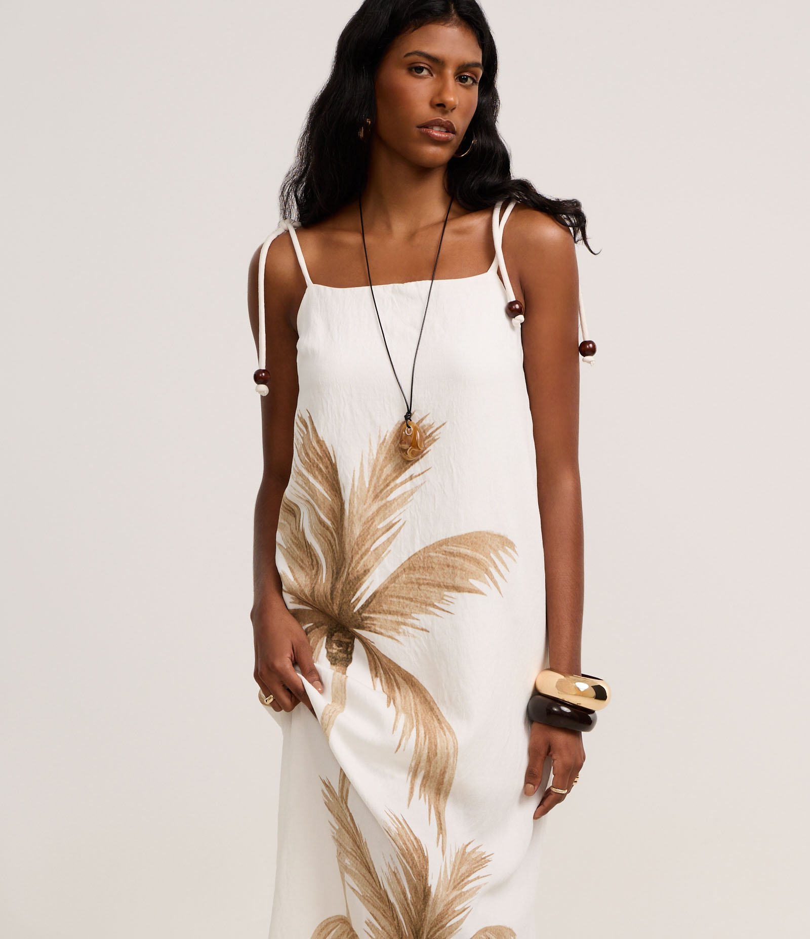 Vestido Midi em Crepe com Alça Corda e Estampa Coqueiro Off White 2