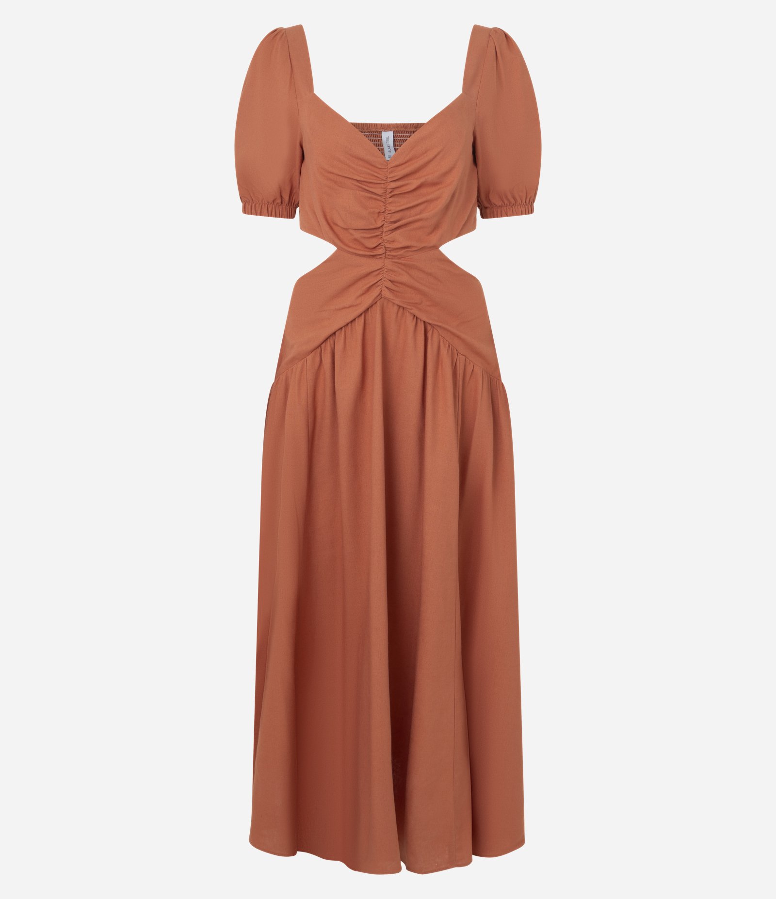 Vestido Long Midi em Viscolinho com Franzido no Busto e Detalhe Lateral Laranja 1