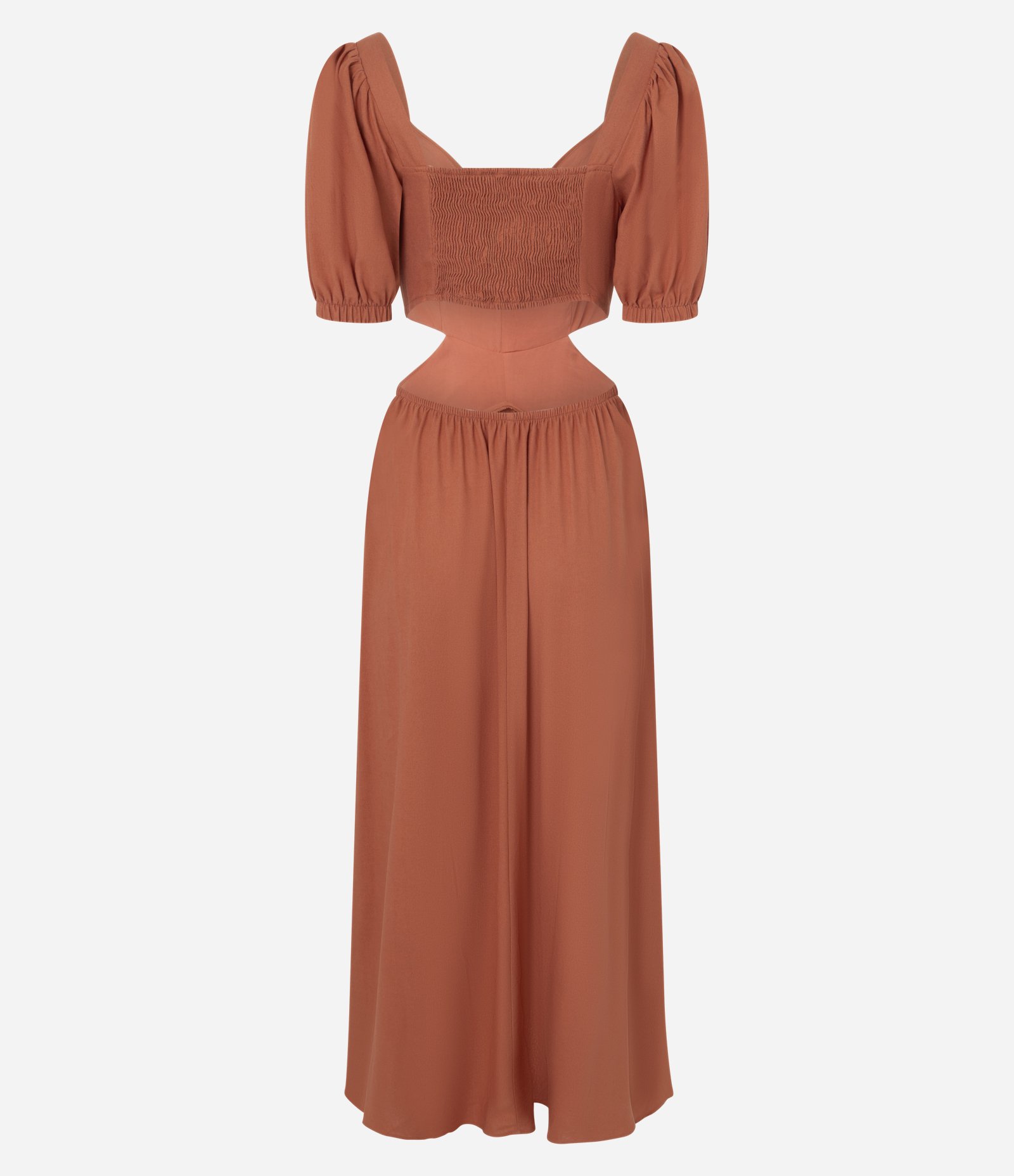 Vestido Long Midi em Viscolinho com Franzido no Busto e Detalhe Lateral Laranja 2