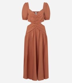 Vestido Long Midi em Viscolinho com Franzido no Busto e Detalhe Lateral