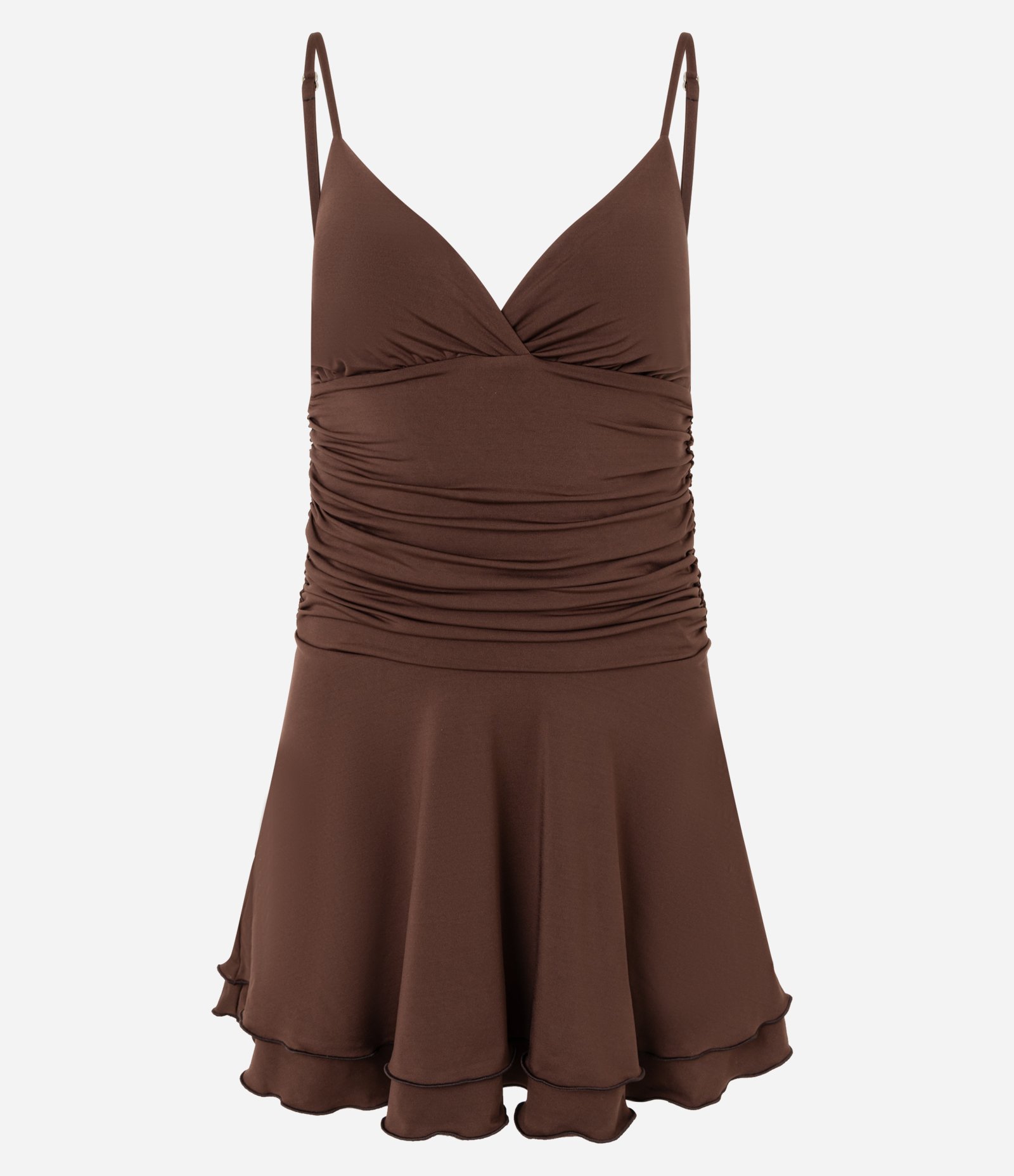 Vestido Curto em Microfibra com Franzidos e Babados Marrom 5