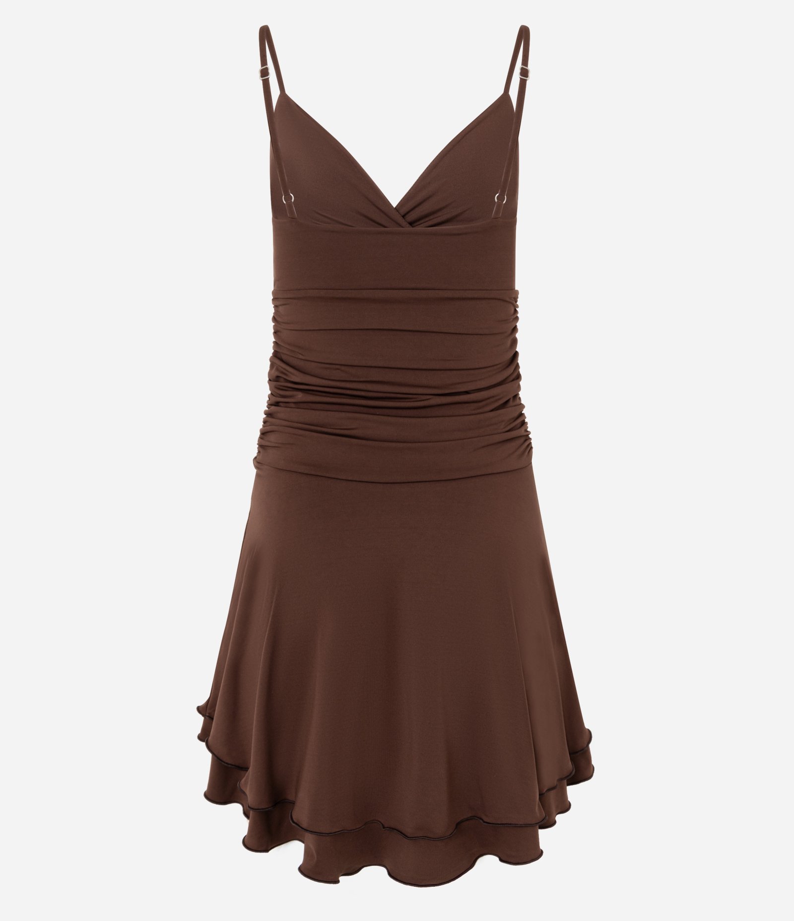 Vestido Curto em Microfibra com Franzidos e Babados Marrom 6