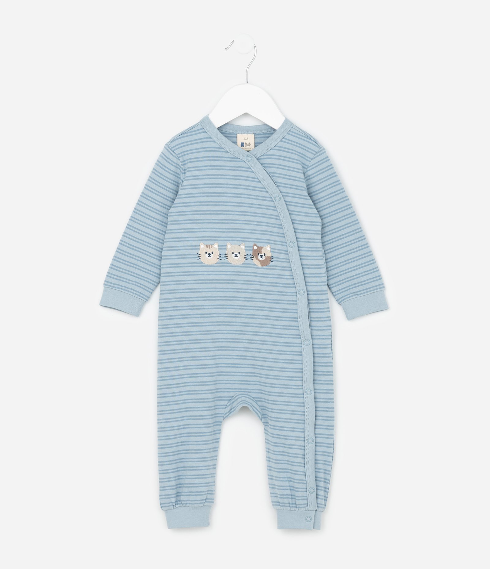 Macacão Infantil em Suedine com Estampa de Gatos e Listrado - Tam 0 a 18 meses Azul 1