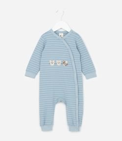 Macacão Infantil em Suedine com Estampa de Gatos e Listrado - Tam 0 a 18 meses