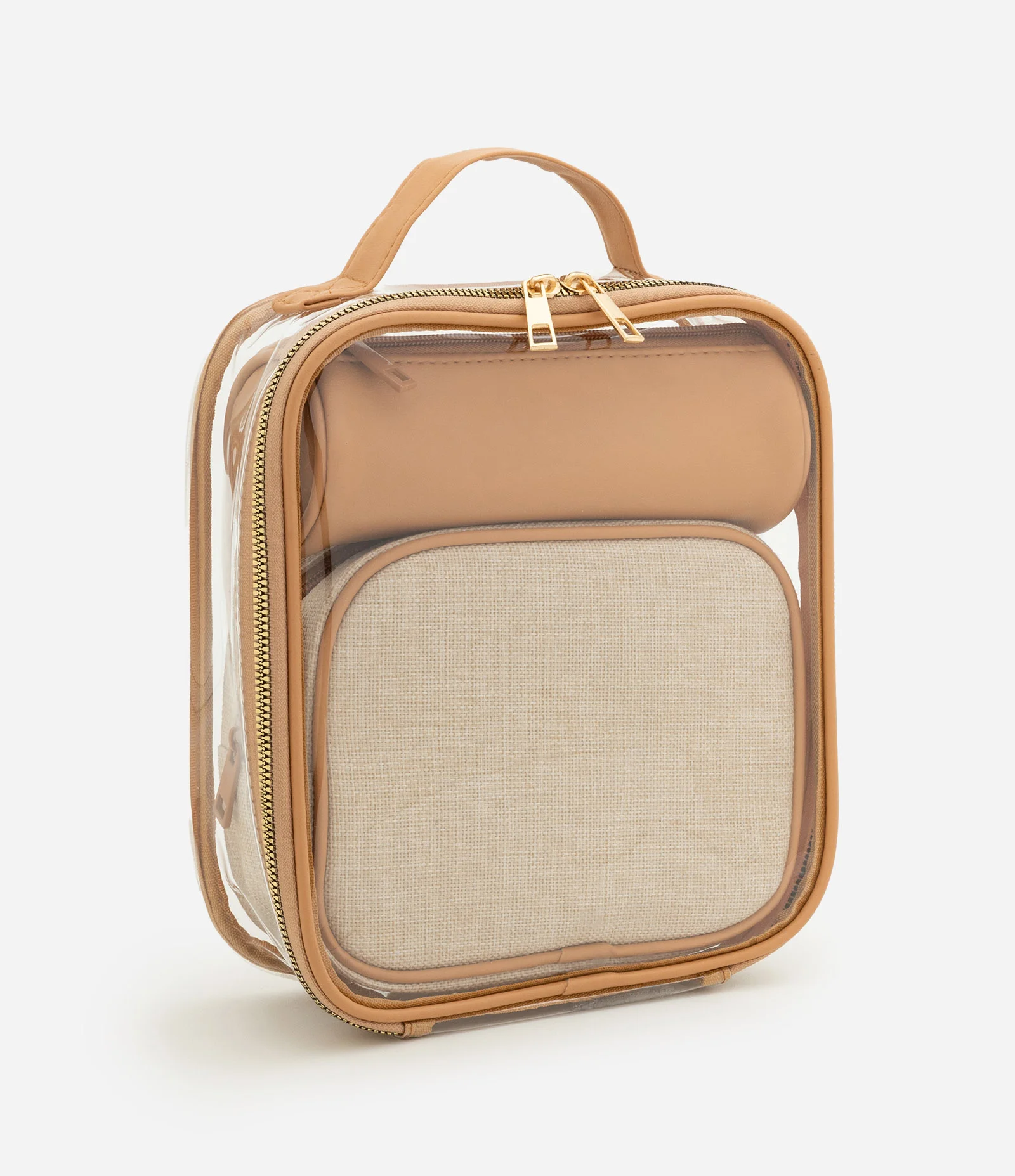 Kit 03 Necessaires Transparente com Internas em Canvas com Textura Marrom 1