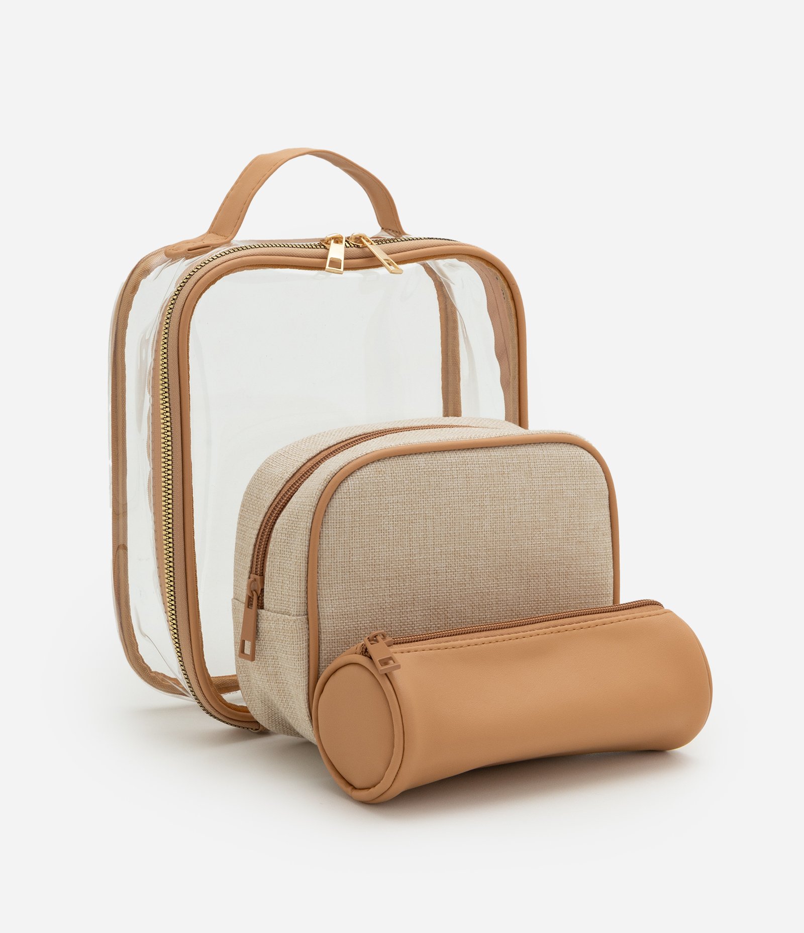 Kit 03 Necessaires Transparente com Internas em Canvas com Textura Marrom 4