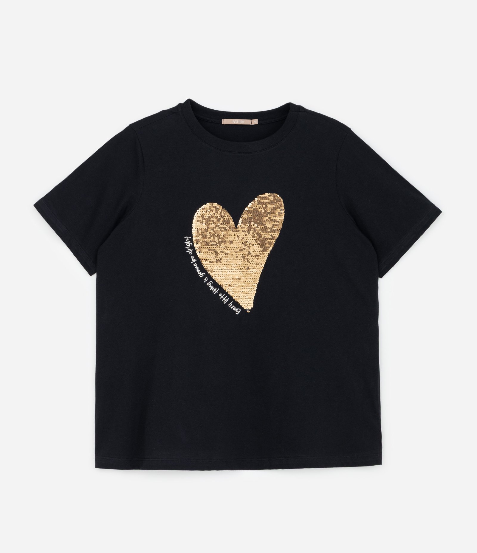 Camiseta em Algodão com Estampa de Coração em Paetê Curve & Plus Size Preto 1