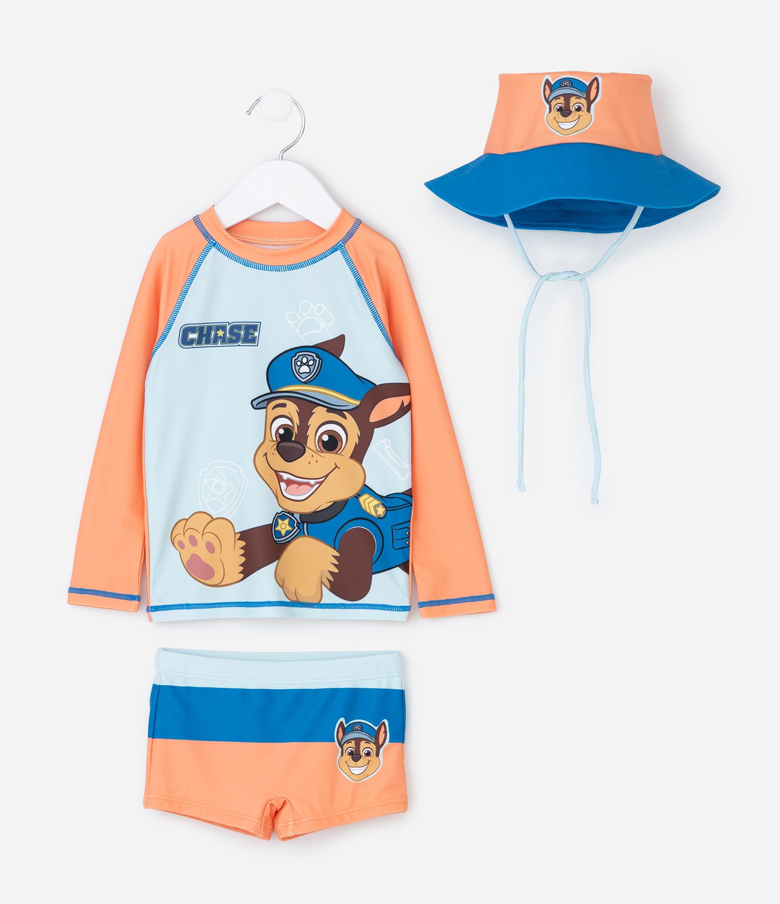 Conjunto Praia Infantil com Proteção UV Chase Patrulha Canina – Tam 6 Meses a 4 Anos Azul/Laranja 1