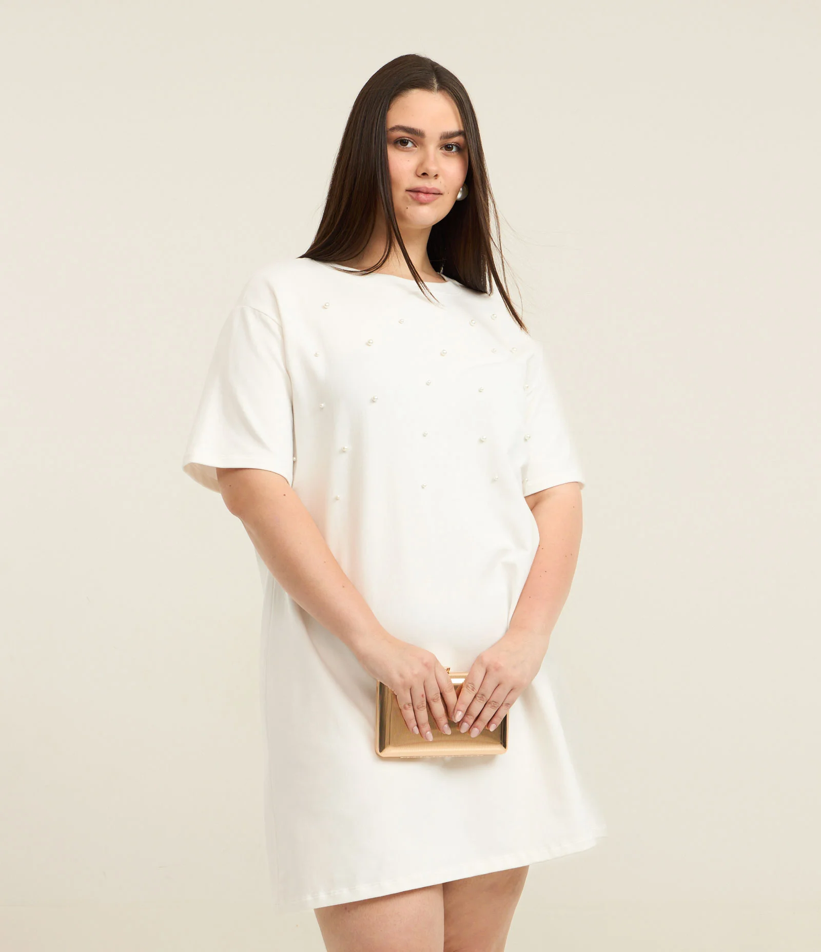 Vestido Curto em Moletinho com Brilhinhos Aplicados Curve & Plus Size Off White 2