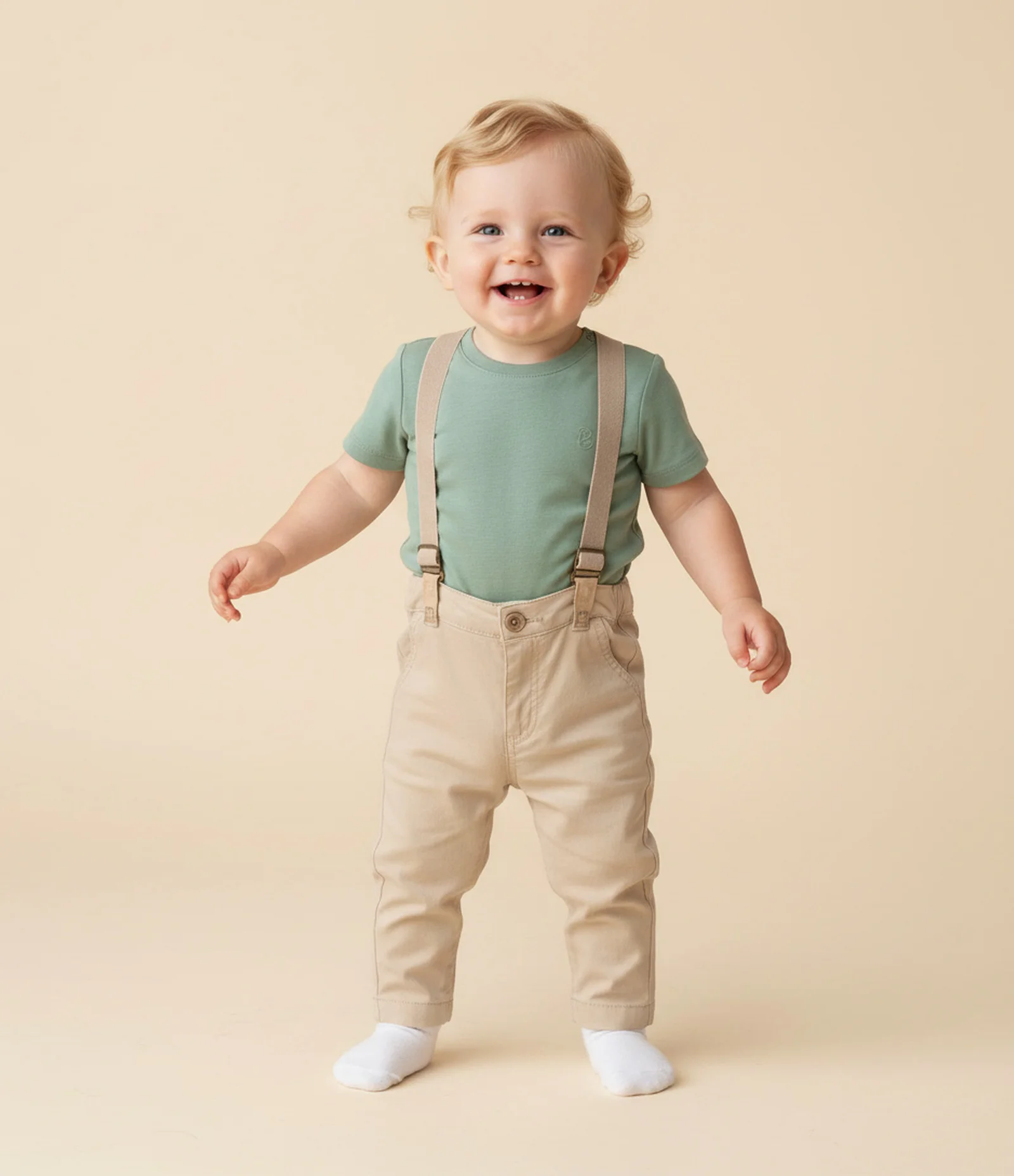 Calça Infantil em Sarja com Suspensório Removível – Tam RN a 18 Meses Bege Claro 1
