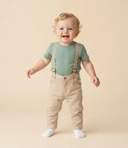 Calça Infantil em Sarja com Suspensório Removível – Tam RN a 18 Meses