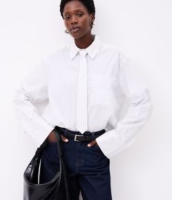 Camisa Maxi Oversized em Tricoline com Gravata e Listras de Fio Tinto