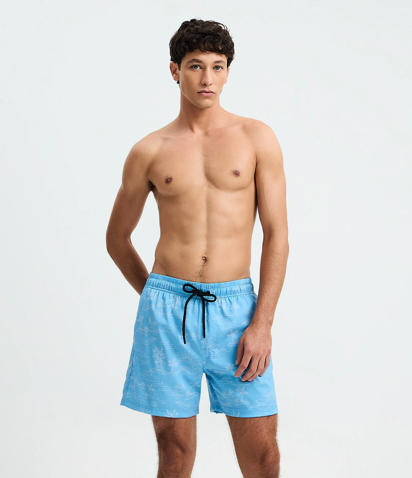 Bermuda de Banho em Microfibra Leve com Estampa de Ícones de Praia Azul 1