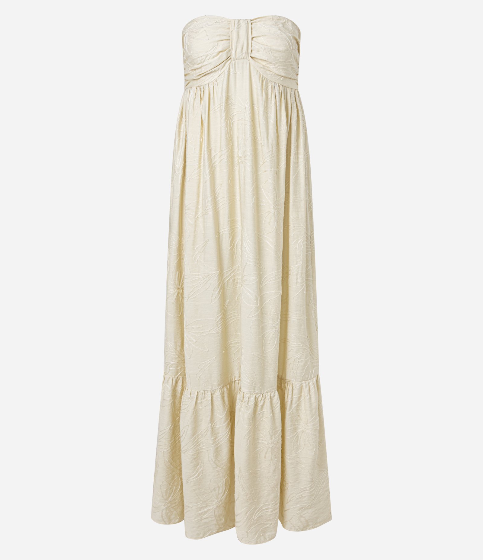 Vestido Evasê Midi Sem Alça em Sarja com Bordado Folhagem Off White 6