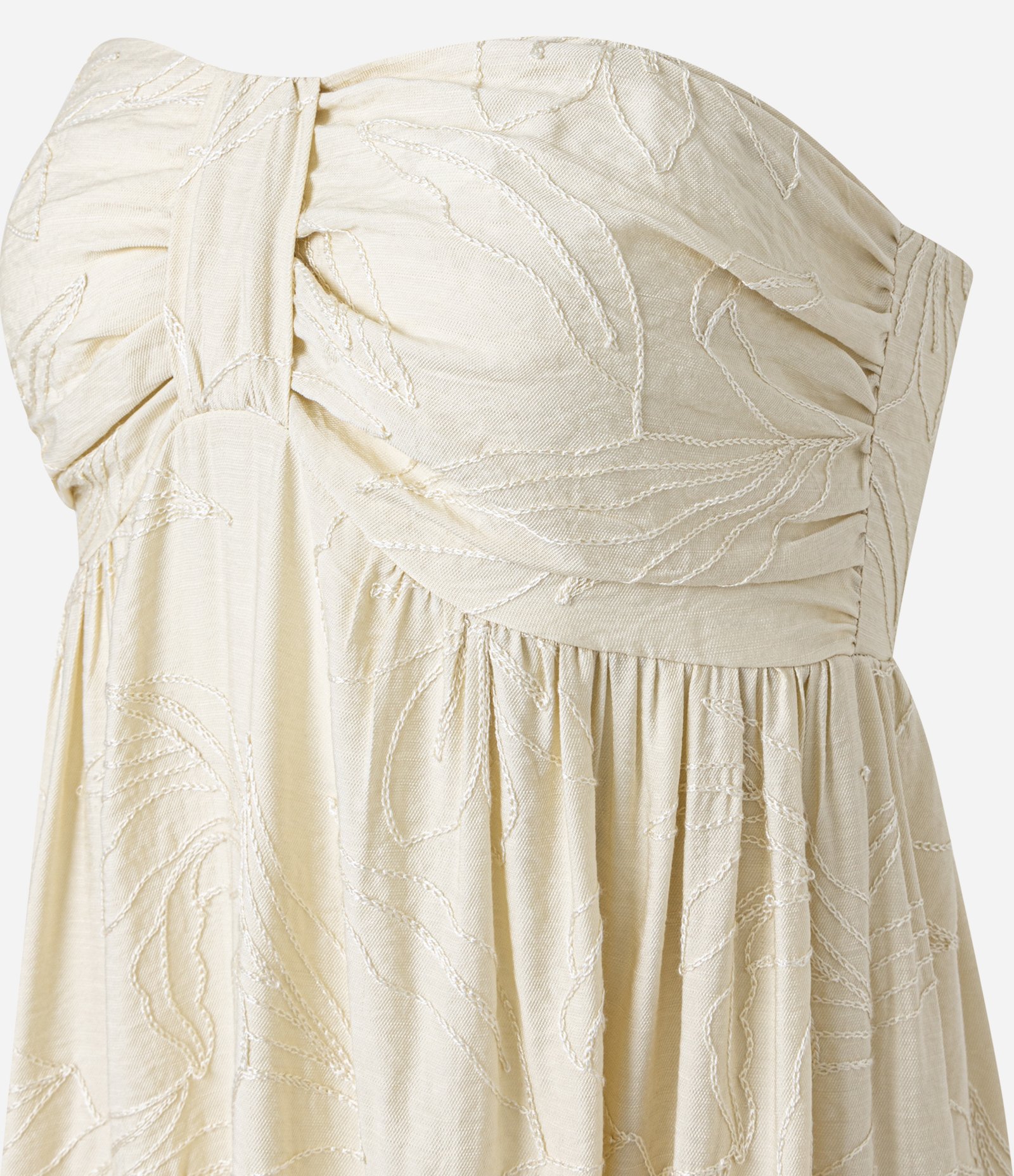 Vestido Evasê Midi Sem Alça em Sarja com Bordado Folhagem Off White 7