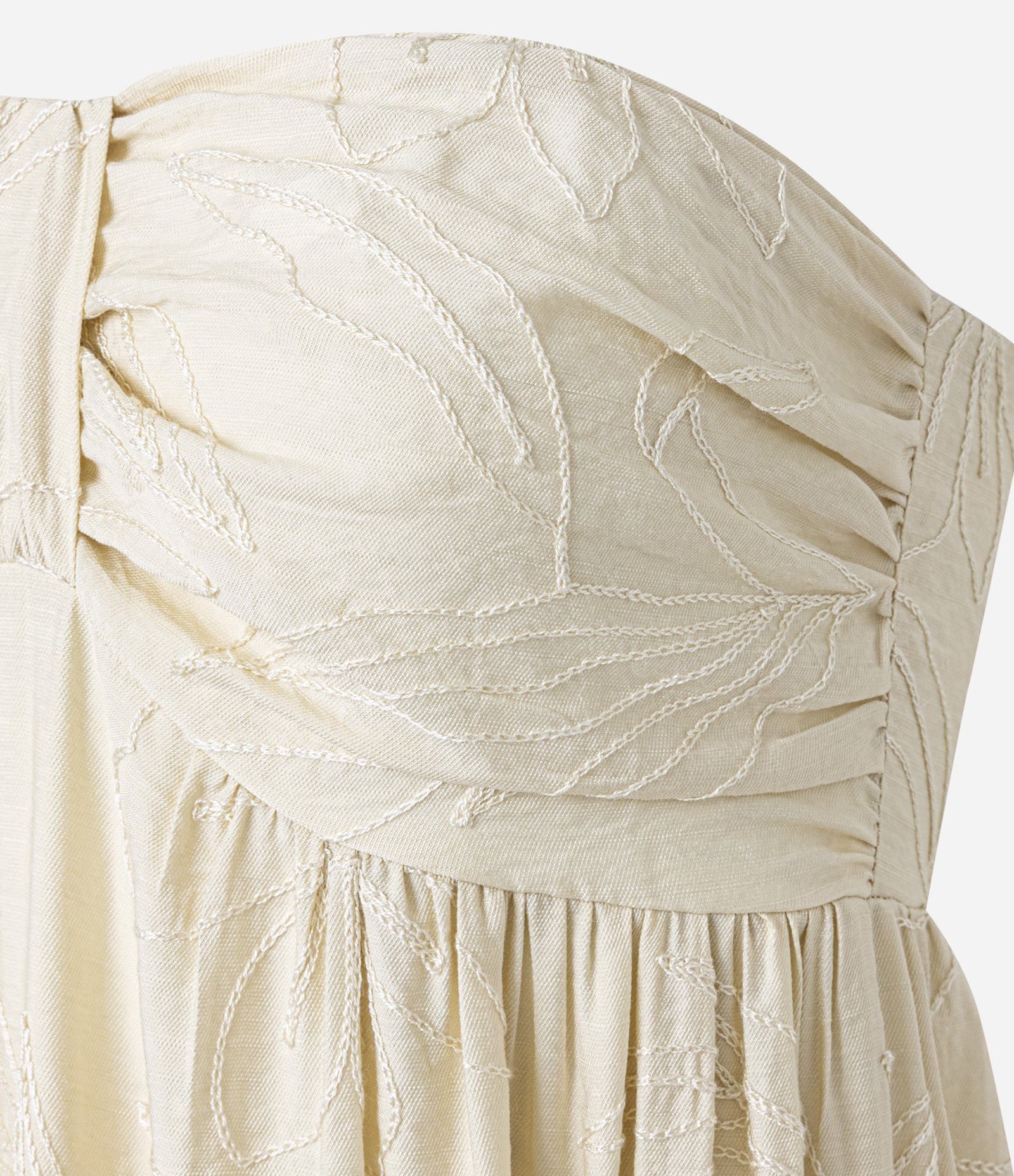 Vestido Evasê Midi Sem Alça em Sarja com Bordado Folhagem Off White 8