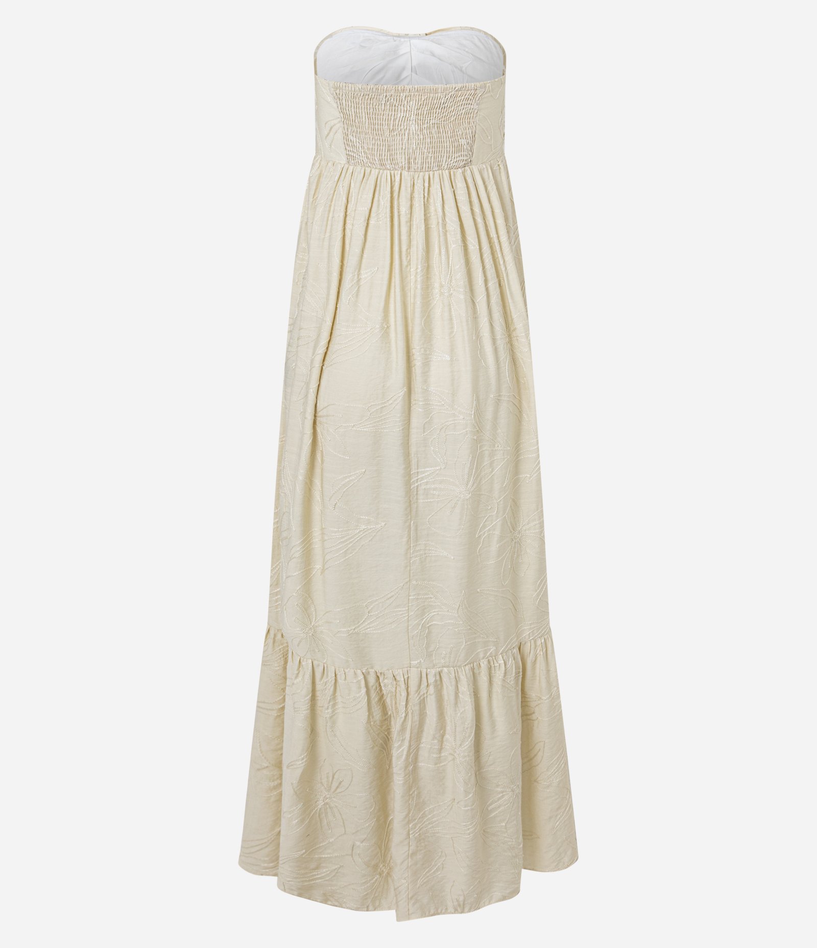 Vestido Evasê Midi Sem Alça em Sarja com Bordado Folhagem Off White 9