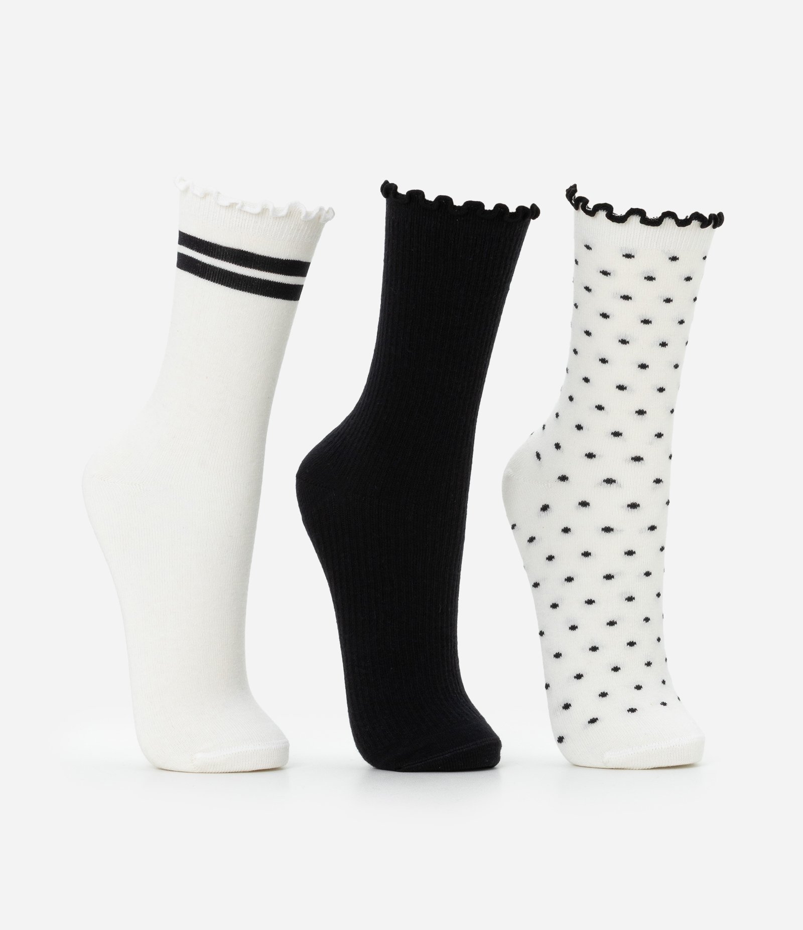 Kit 03 Meias Cano Médio em Algodão com Acabamento Picueta Branco/Preto 2