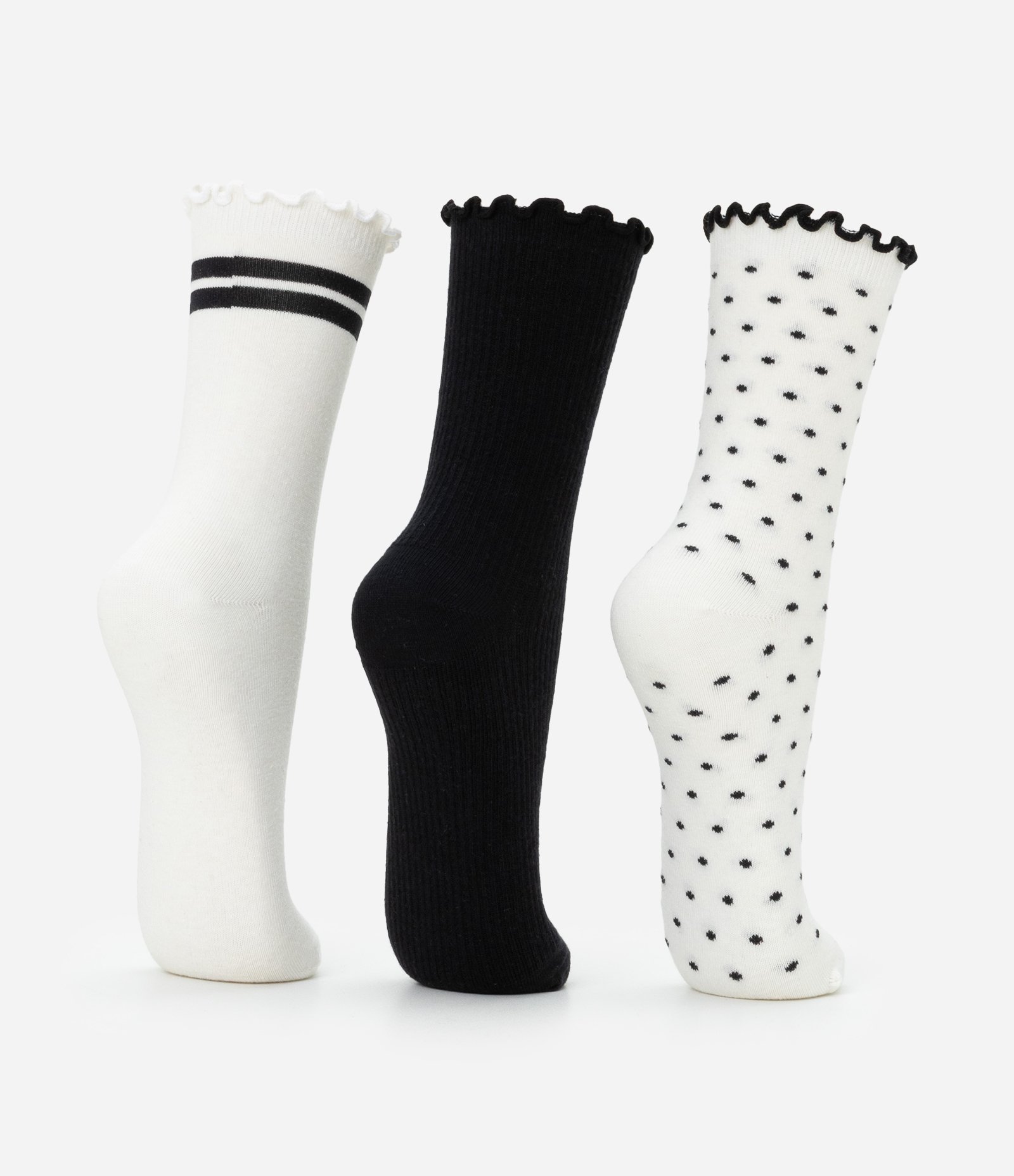 Kit 03 Meias Cano Médio em Algodão com Acabamento Picueta Branco/Preto 3