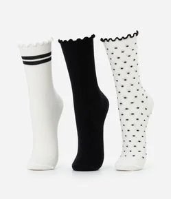 Kit 03 Meias Cano Médio em Algodão com Acabamento Picueta