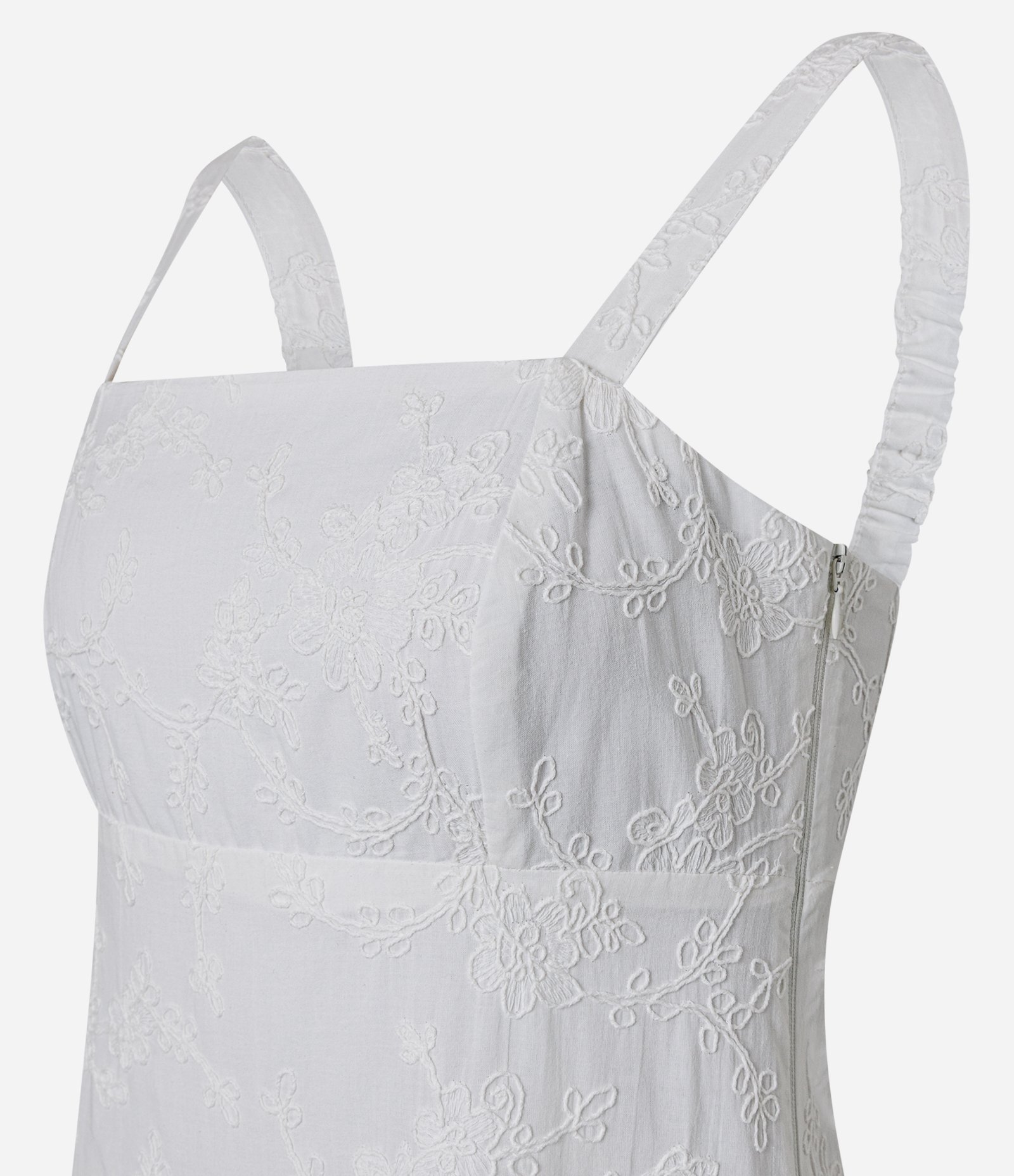 Vestido Evasê Midi com Decote Quadrado e Bordado Floral Branco 6