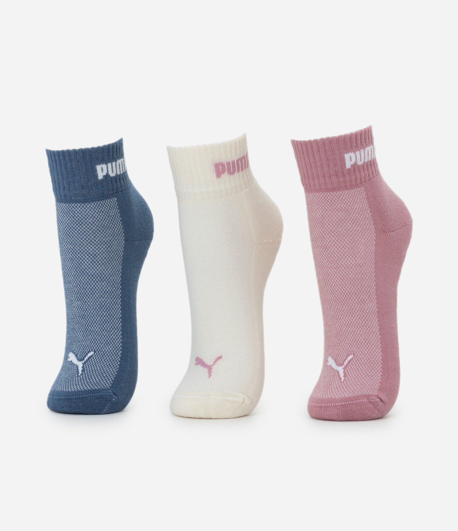 Kit 03 Meias Cano Baixo em Algodão Puma Azul/Branco/Rosa 1