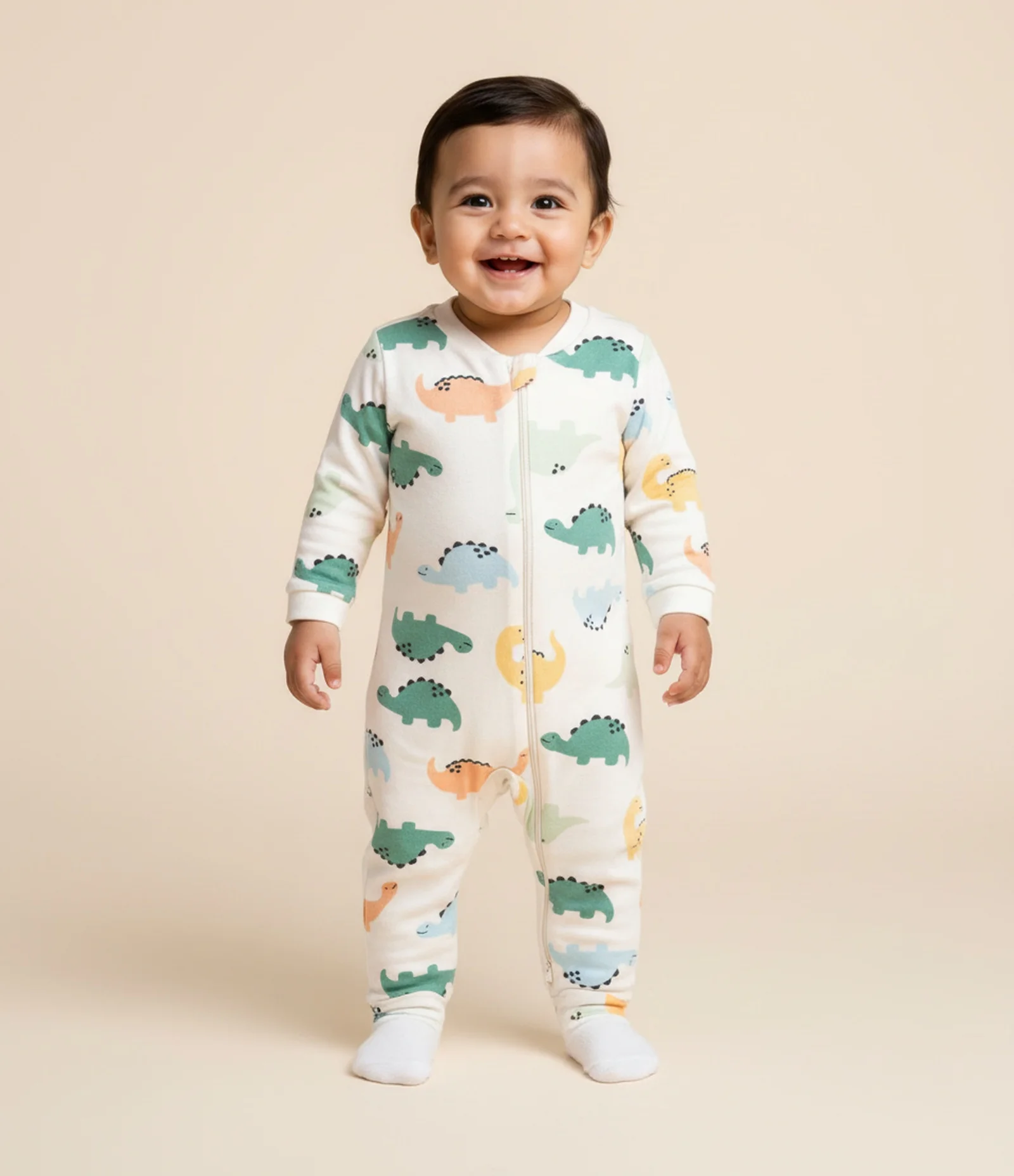 Macacão Infantil com Estampa de Dinossauros – Tam RN a 24 Meses Off White 1