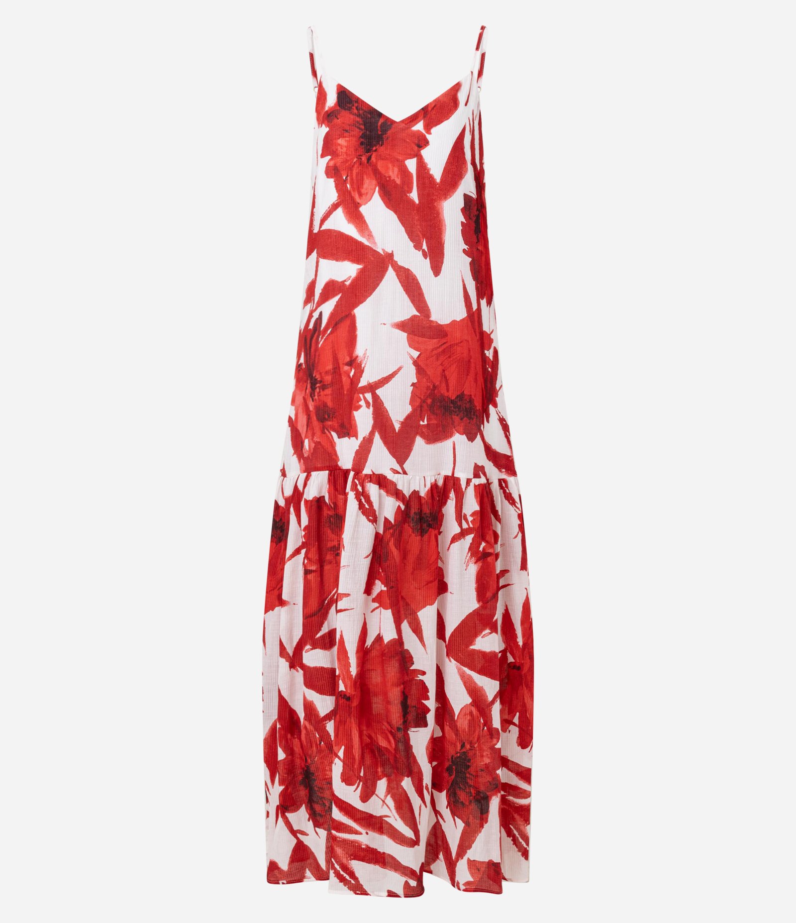 Vestido Evasê Longo em Viscose com Estampa Floral Vermelho/Branco 1