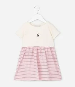 Vestido Infantil em Ribana com Saia Listrada e Estampa Love – Tam 1 a 5/6 Anos