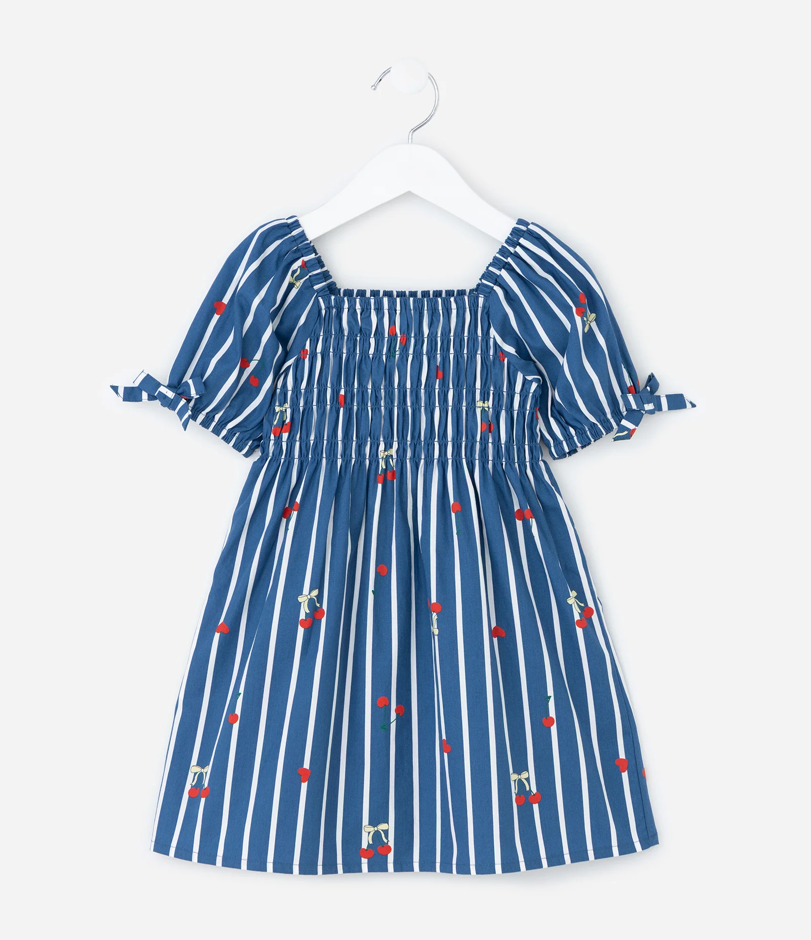 Vestido Infantil Listrado com Estampa Cereja e Mangas Bufantes – Tam 1 a 5/6 Anos Azul 2