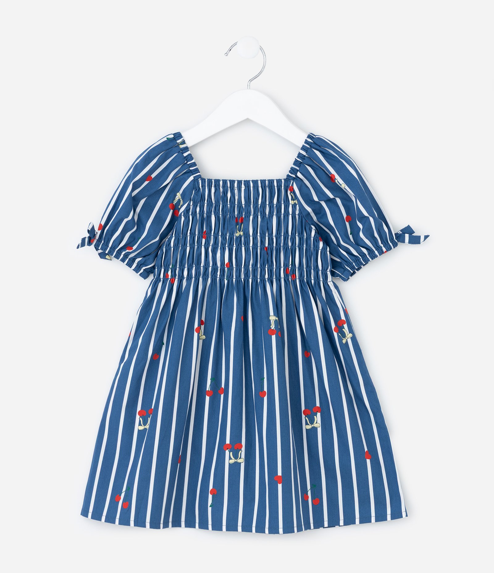 Vestido Infantil Listrado com Estampa Cereja e Mangas Bufantes – Tam 1 a 5/6 Anos Azul 3