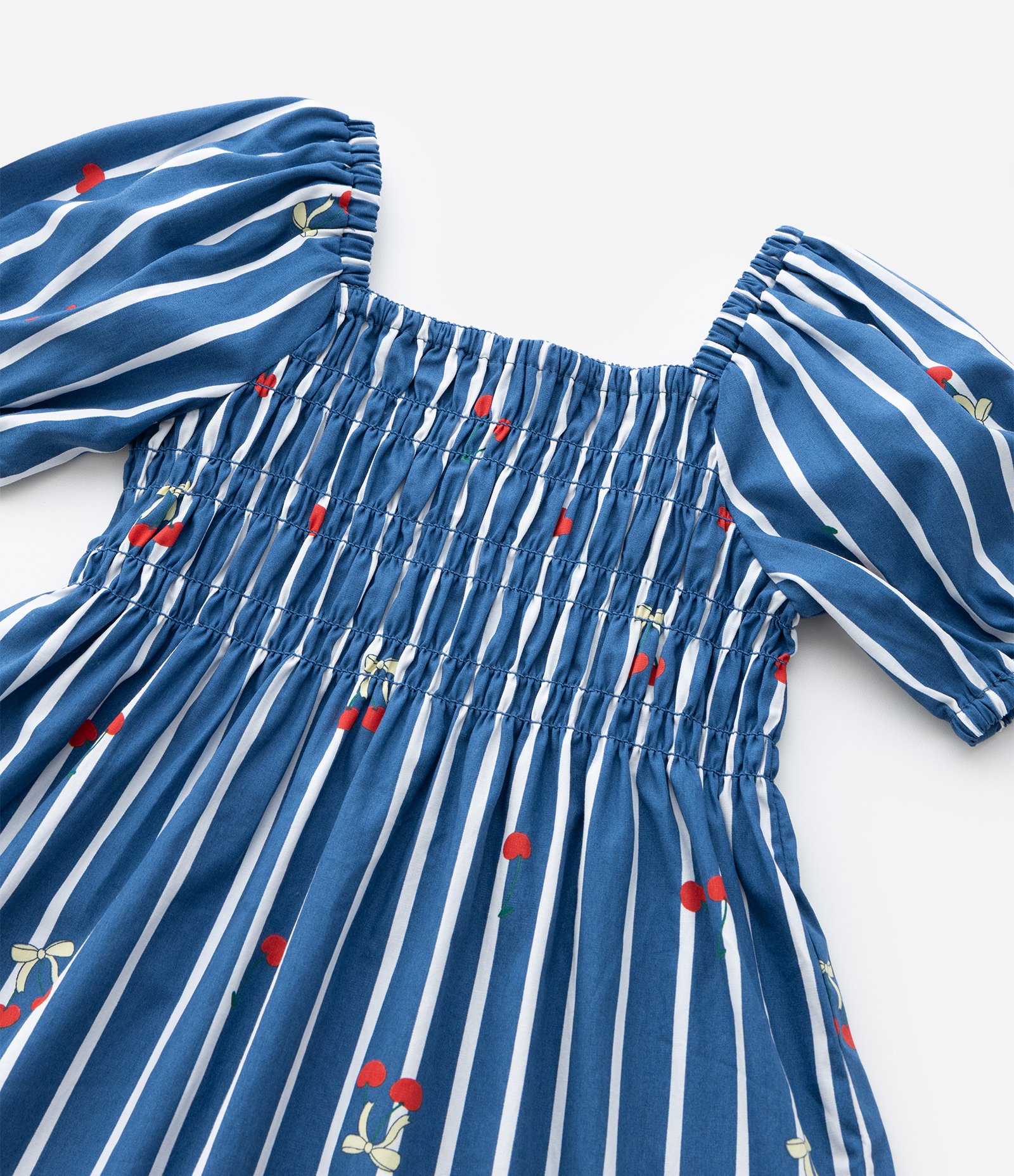 Vestido Infantil Listrado com Estampa Cereja e Mangas Bufantes – Tam 1 a 5/6 Anos Azul 6