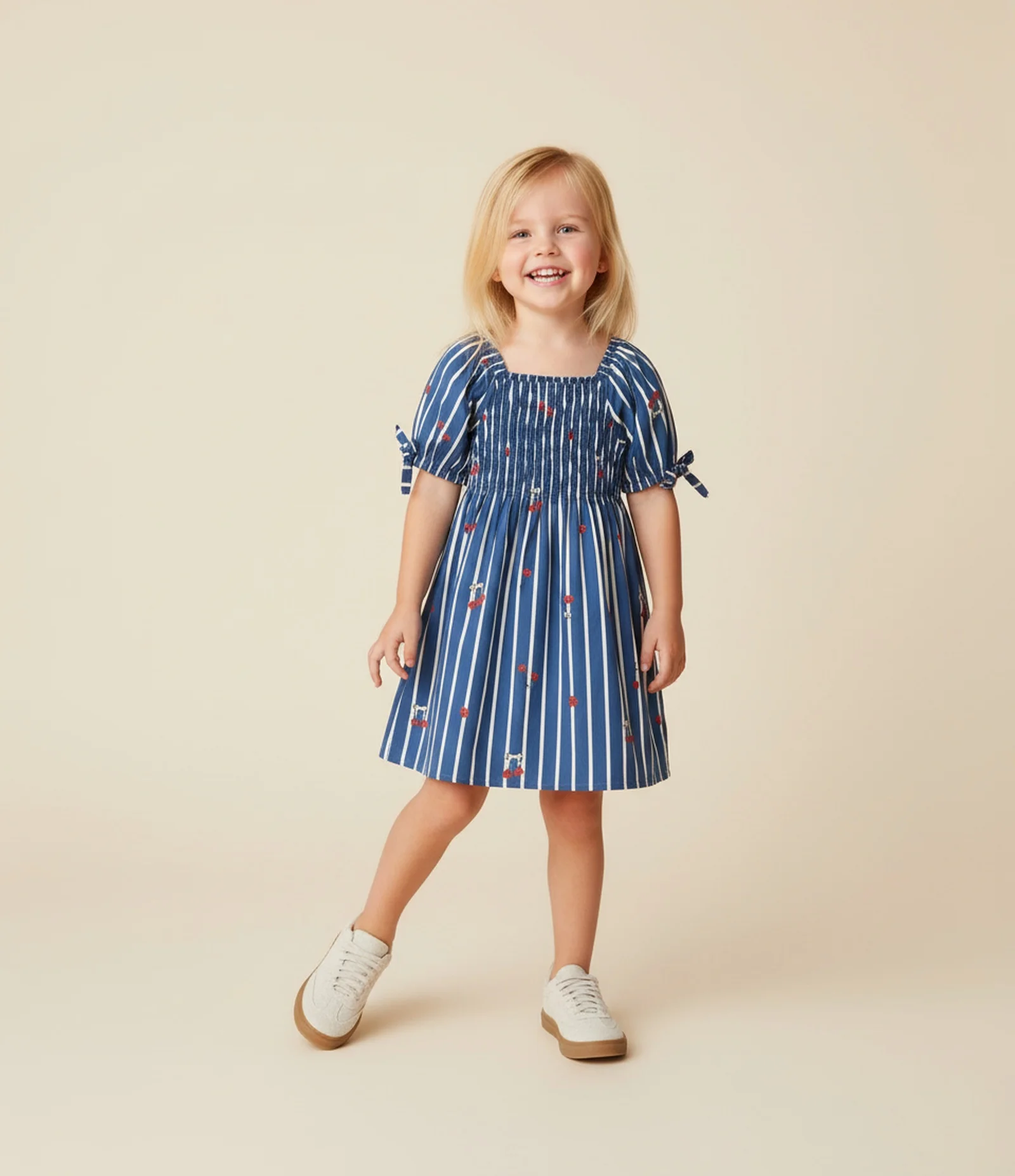 Vestido Infantil Listrado com Estampa Cereja e Mangas Bufantes – Tam 1 a 5/6 Anos Azul 1