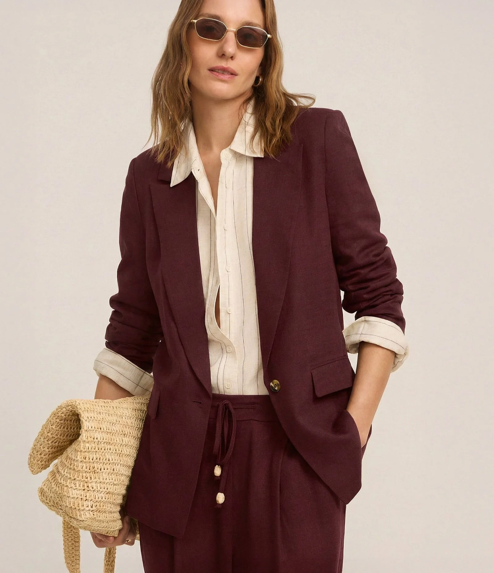 Blazer em Viscolinho com Lapelas e Botão Único Vinho 1