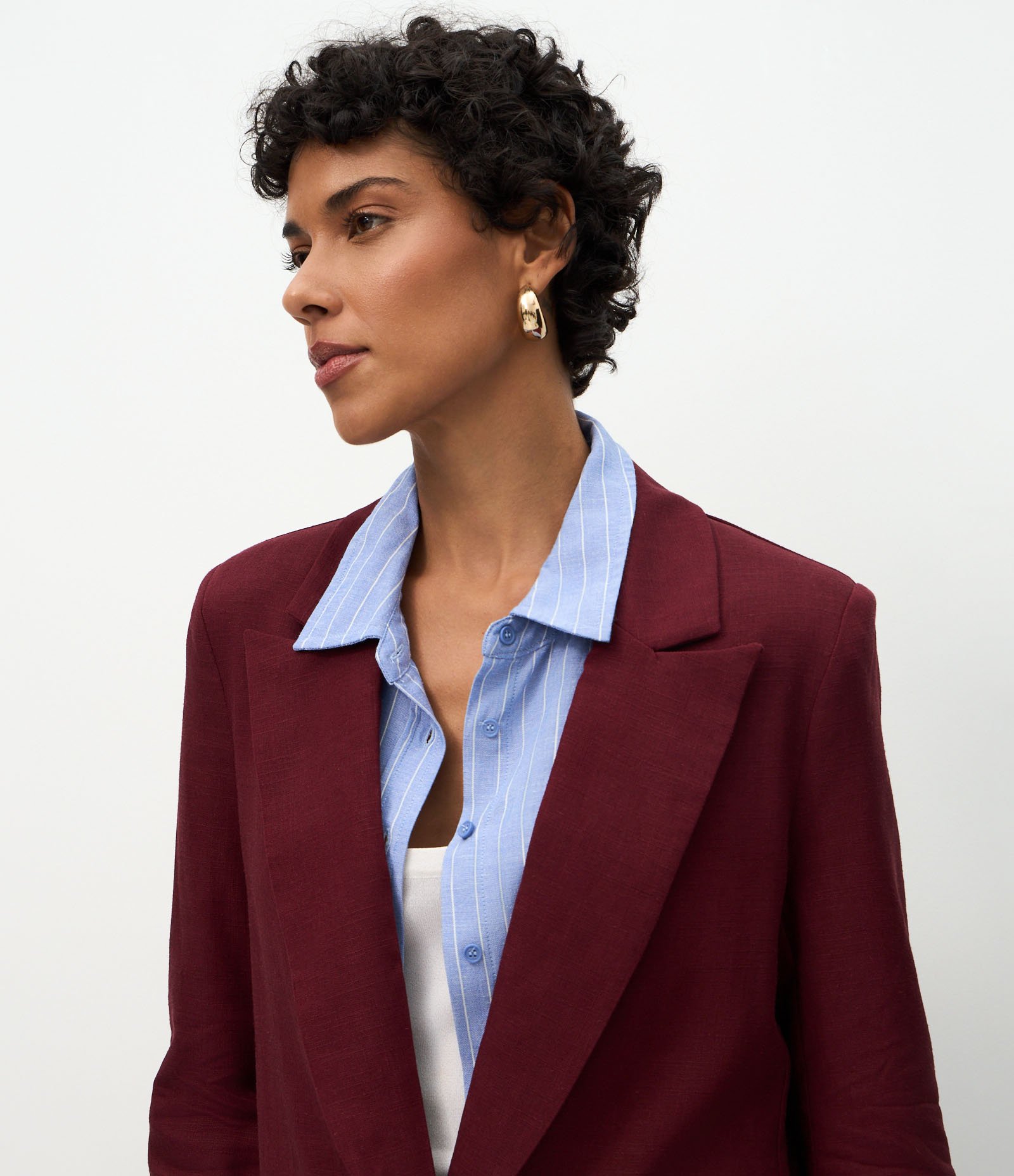 Blazer em Viscolinho com Lapelas e Botão Único Vinho 5