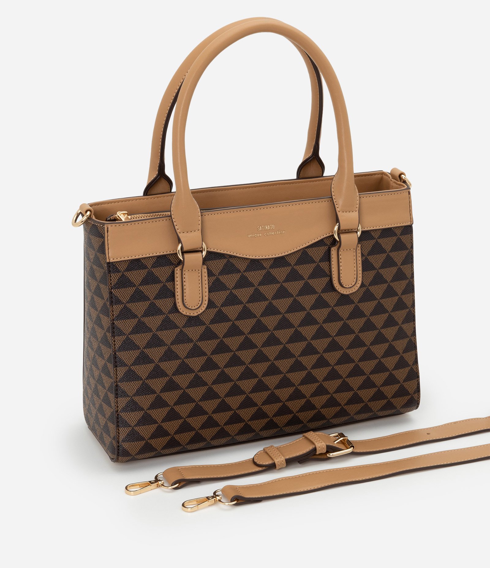 Bolsa Média com Alça Removível e Estampa Geométrica Marrom 7